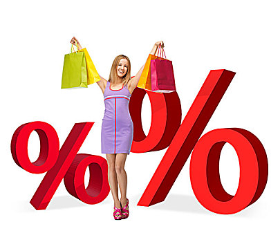 女人,购物袋,两个,大,红色,百分比,标识