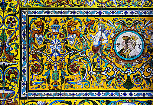 上光瓷砖,彩色,陶瓷,砖瓦,头像,皇后,卡斯提尔,国王,阿拉贡,格拉纳达省,西班牙,欧洲