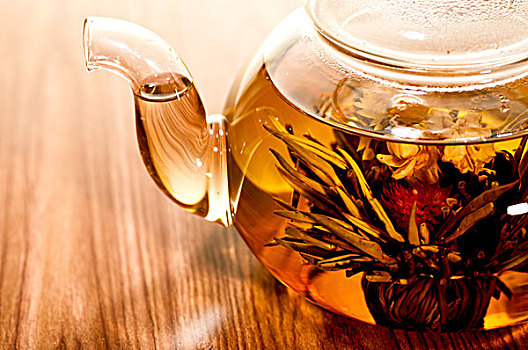 盛开,绿茶,玻璃茶壶