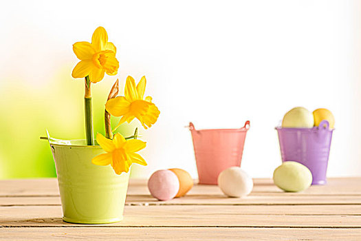水仙花,复活节,木桌子,复活节彩蛋,背景
