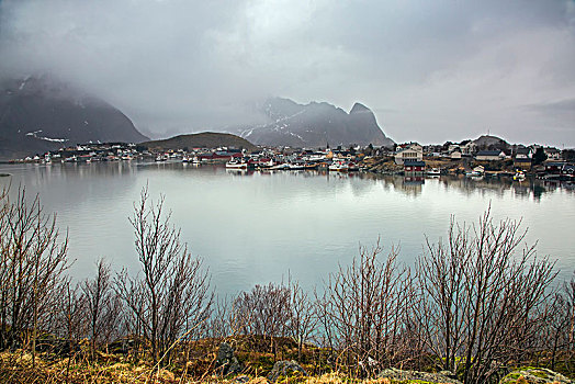 渔村,平静,湖,瑞恩,罗弗敦群岛,挪威
