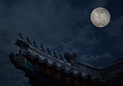 特写,华丽,房瓦,中国,建筑,月亮,背景,夜晚