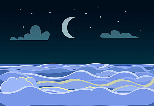 冬季风景,地点,暗色,夜晚,背景,鲜明,星,月亮,天空,很多,雪,幻象,白色,海上,海洋,区域,苍穹,矢量,插画