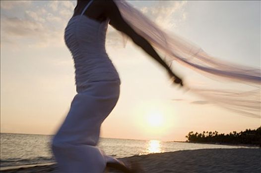 新娘,跑,海滩,日落