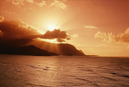 夏威夷,考艾岛,湾,巴厘海,红色,日落,阳光乍现,后视图,云