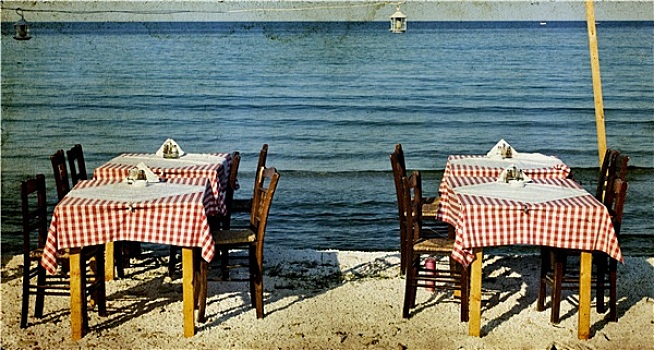 希腊,餐桌,椅子,海滩