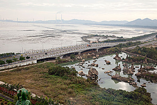 远眺,海边,牡蛎养殖场,塔,佛教寺庙,汕头,中国