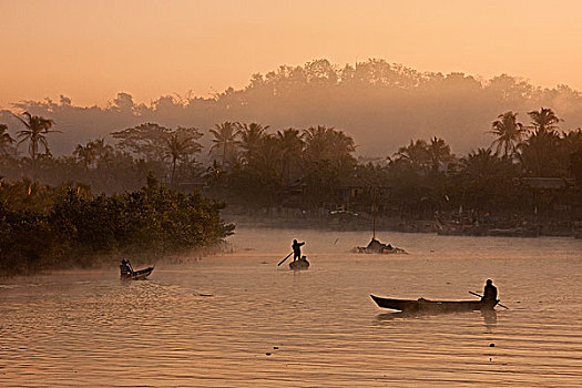 缅甸,早晨,薄雾,上升,溪流,进入,古城,若开邦