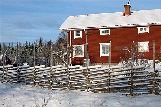 冬景,围栏,正面,红色,瑞典,房子