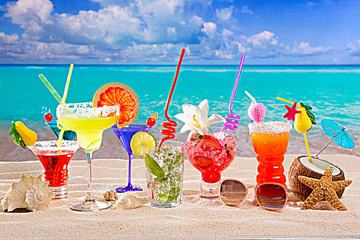 彩色,热带,鸡尾酒,海滩,白色背景,沙子,青绿色,水