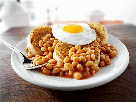 英国,早餐,小圆烤饼,煎鸡蛋,锔豆