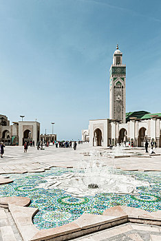 喷泉,哈桑二世清真寺,大,哈桑二世,摩尔风格,建筑,尖塔,世界,卡萨布兰卡,摩洛哥,非洲