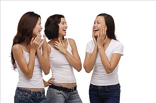 三个女人,年轻,站立,一起,笑