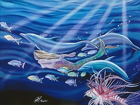 比赛,美人鱼,游动,海洋,海豚,鱼,太阳光线,发光,表面,油画