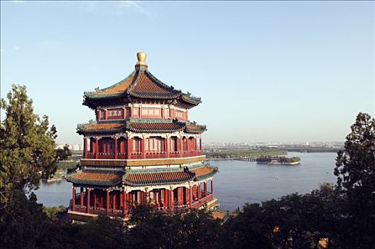 中国,北京,颐和园,世界遗产,塔,远眺,湖,昆明,城市