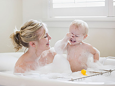 母亲,婴儿,气泡,沐浴