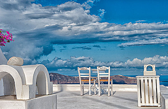明信片,场景,两个,孤单,椅子,平台,桌子,就绪,旅游,锡拉岛,希腊,希腊群岛