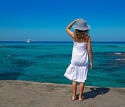 女孩,后视图,福门特拉岛,伊比萨岛,海滩,青绿色,地中海,背景