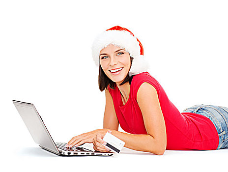 圣诞节,圣诞,网上购物,概念,女人,圣诞老人,帽子,笔记本电脑,信用卡