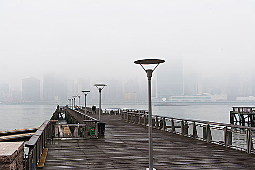 东河,码头,天际线,雾气,纽约,美国