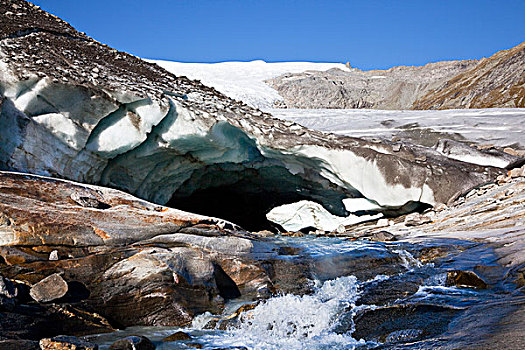 冰,洞穴,冰河,口鼻部,溪流,融化,两个,奥地利,东方,提洛尔