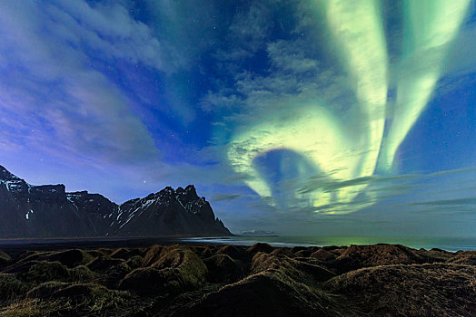夜景,北极光,黑沙,海滩,山,海岬,山丘,东方,冰岛,欧洲