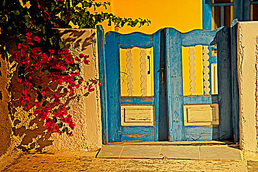 希腊,岛屿,锡拉岛,小镇,伊莫洛维里,彩色,黄色,蓝色,大门,住宅