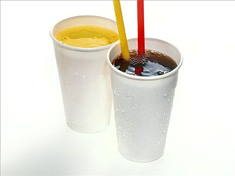 杯子,橙汁,可口可乐,黄色,红色,吸管