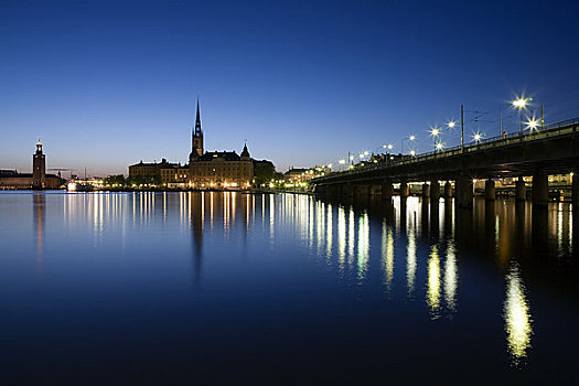 桥,骑士岛,岛屿,夜晚,斯德哥尔摩,瑞典
