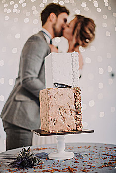 新婚夫妇,吻,桌子,婚礼蛋糕,特写,模糊