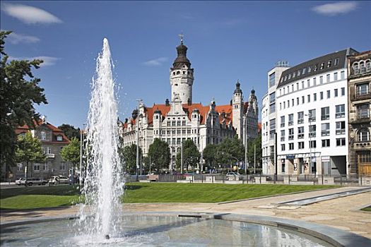 新市政厅,市政厅,塔,喷泉,莱比锡,萨克森,德国,欧洲