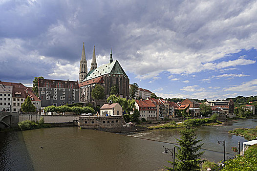 风景,教区教堂,圣彼得,老城,桥,左边,奥伯劳西茨,萨克森,德国,欧洲