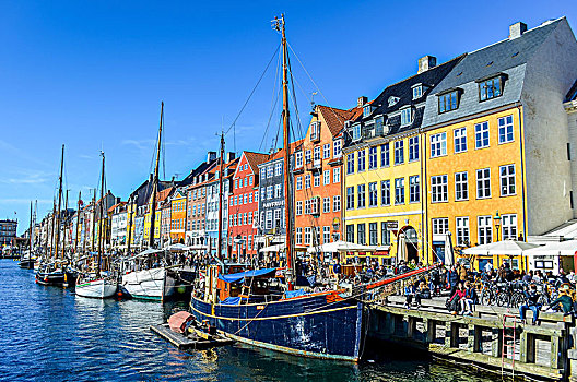 新港,17世纪,水岸,排,彩色,古建筑,散步场所,停泊,帆船,哥本哈根,丹麦