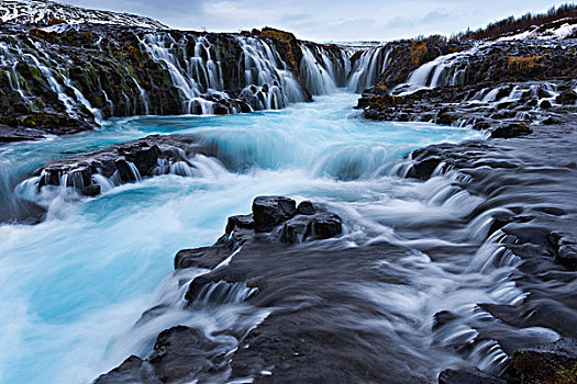 冰岛,瀑布,水,冲沟,火山,石头,黑色,青绿色