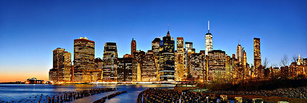 纽约,市区,天际线,全景,码头,残留,黄昏