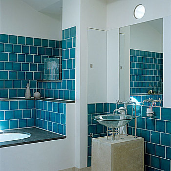 蓝色,墙,砖瓦,浴缸,玻璃,水槽,水泥,基座,镜子,高处
