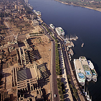 航拍,船,游船,停靠,港口,路克索神庙,埃及