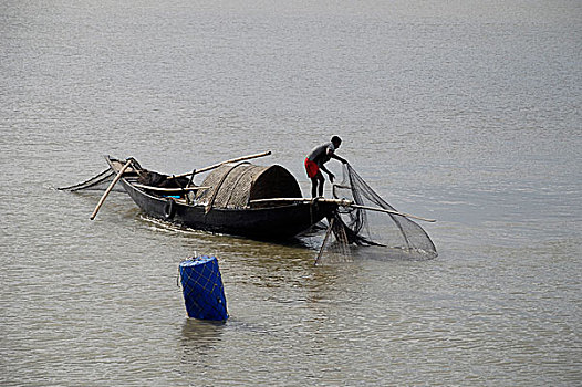 捕鱼,河,库尔纳市,孟加拉,二月,2008年
