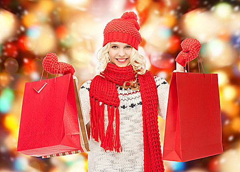 休假,销售,圣诞节,概念,美女,少女,冬天,衣服,购物袋