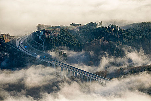 航拍,阿恩斯贝格,高速公路,桥,雾,云,藻厄兰