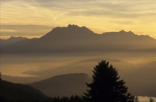 日落,风景,皮拉图斯,琉森湖,瑞士