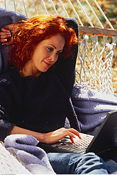 女人,吊床,使用笔记本,电脑