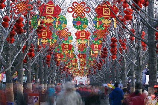 中国,北京,春节,人群,走,红灯笼,装饰,地坛,公园,庙宇