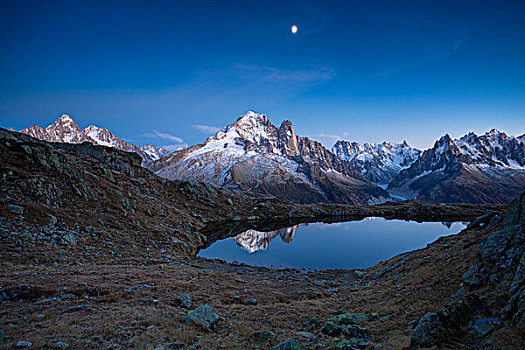 顶峰,山,反射,日落,夏蒙尼,隆河阿尔卑斯山省,法国,欧洲