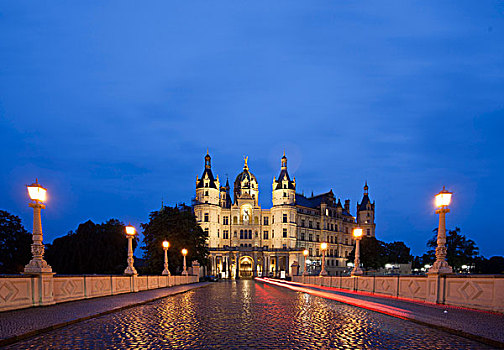 城堡,夜晚,梅克伦堡前波莫瑞州,德国,欧洲