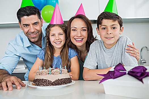 家庭,四个,蛋糕,礼物,生日派对