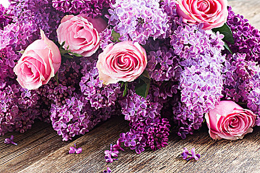 紫色,丁香,花,粉色,玫瑰,木桌子