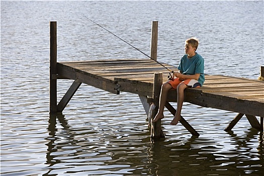少男,13-15岁,坐,边缘,码头,捕鱼,湖