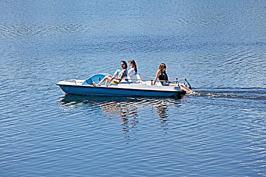 三个,女孩,划船,船,湖,自然,自然保护区,下萨克森,德国