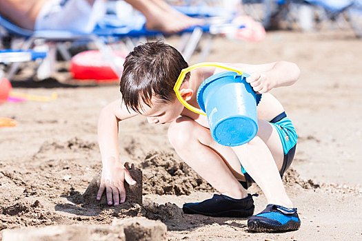 小男孩,蓝色海洋,玩,泥,馅饼,沙子